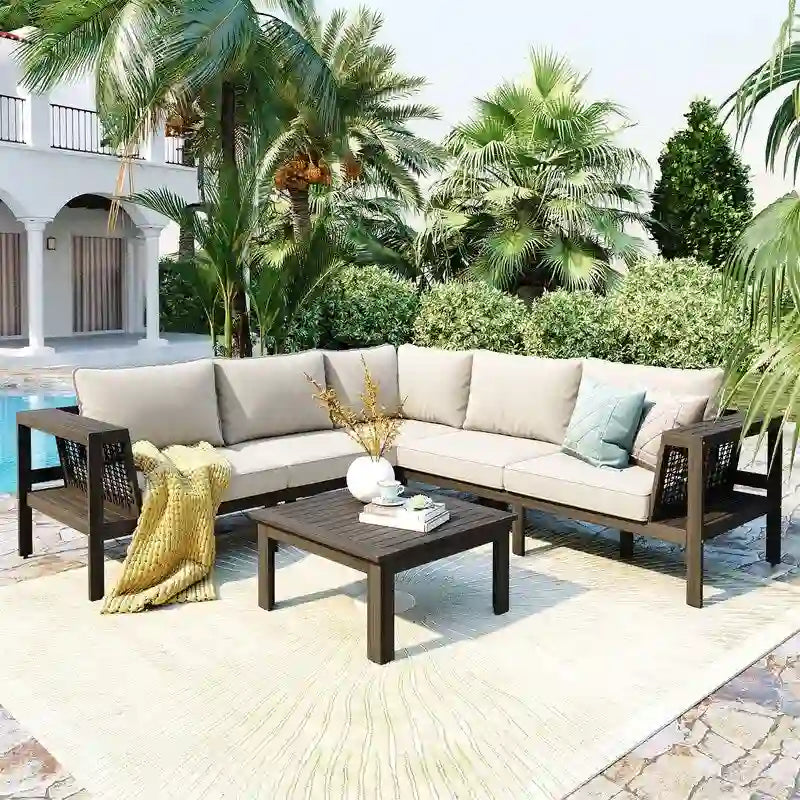 4-Piece L-Shaped Patio Furniture Set with Coffee Table, Outdoor Acacia Wood Sectional Sofa Set with Side Table and Cushions