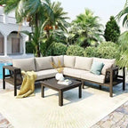 4-Piece L-Shaped Patio Furniture Set with Coffee Table, Outdoor Acacia Wood Sectional Sofa Set with Side Table and Cushions