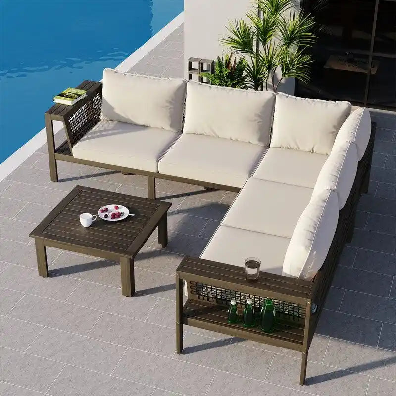 Set da esterni a L in 4 pezzi con tavolo da caffè, divano sezionale da esterno in legno di acacia con tavolino laterale e cuscini