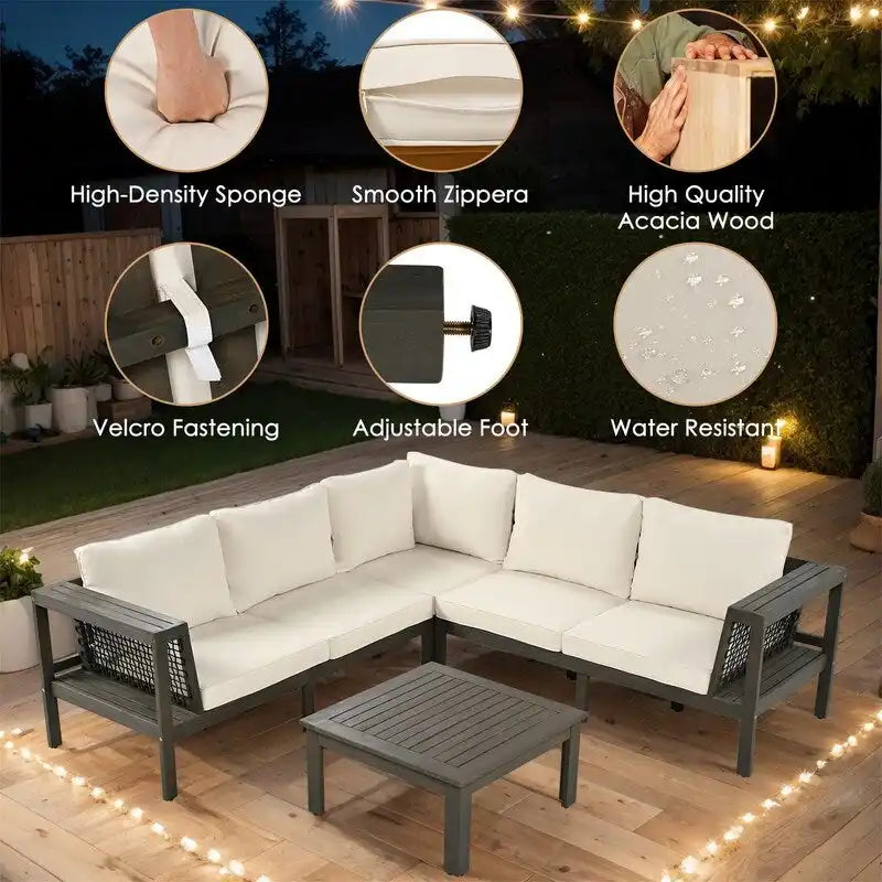 Set da esterni a L in 4 pezzi con tavolo da caffè, divano sezionale da esterno in legno di acacia con tavolino laterale e cuscini