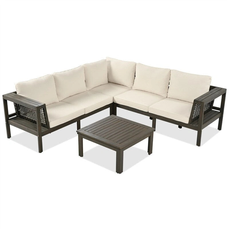 Set da esterni a L in 4 pezzi con tavolo da caffè, divano sezionale da esterno in legno di acacia con tavolino laterale e cuscini