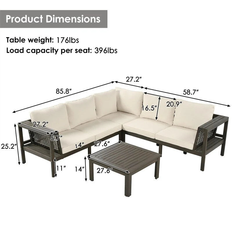 Set da esterni a L in 4 pezzi con tavolo da caffè, divano sezionale da esterno in legno di acacia con tavolino laterale e cuscini