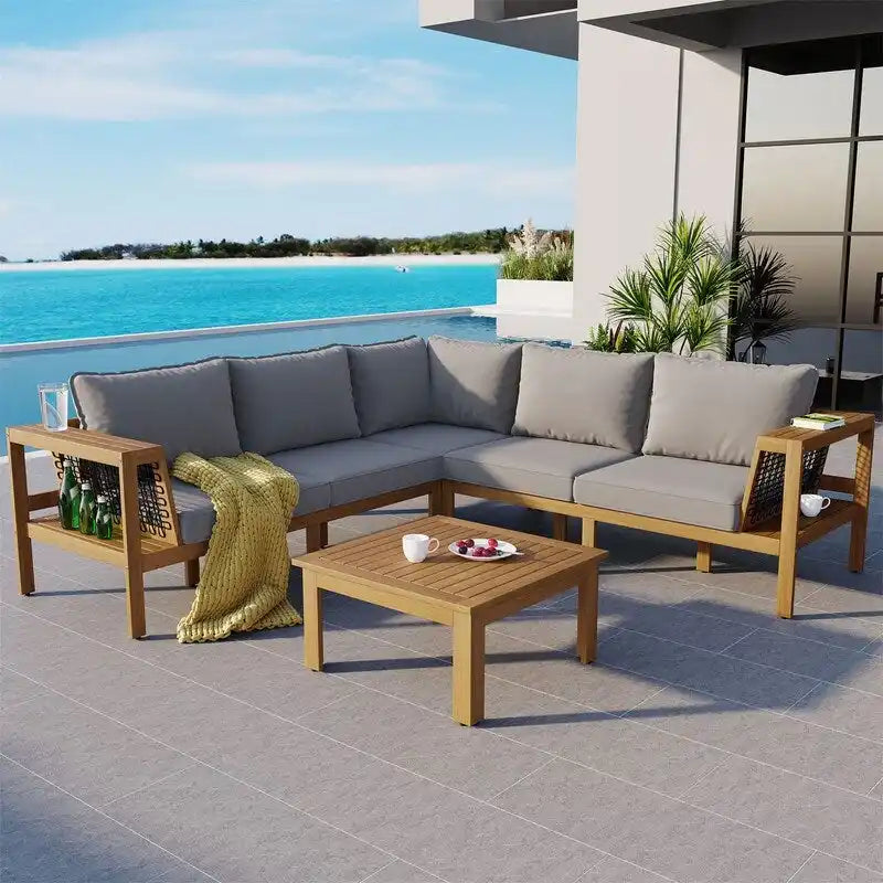 Set da esterni a L in 4 pezzi con tavolo da caffè, divano sezionale da esterno in legno di acacia con tavolino laterale e cuscini