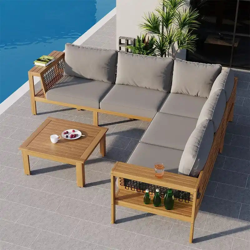 Set da esterni a L in 4 pezzi con tavolo da caffè, divano sezionale da esterno in legno di acacia con tavolino laterale e cuscini