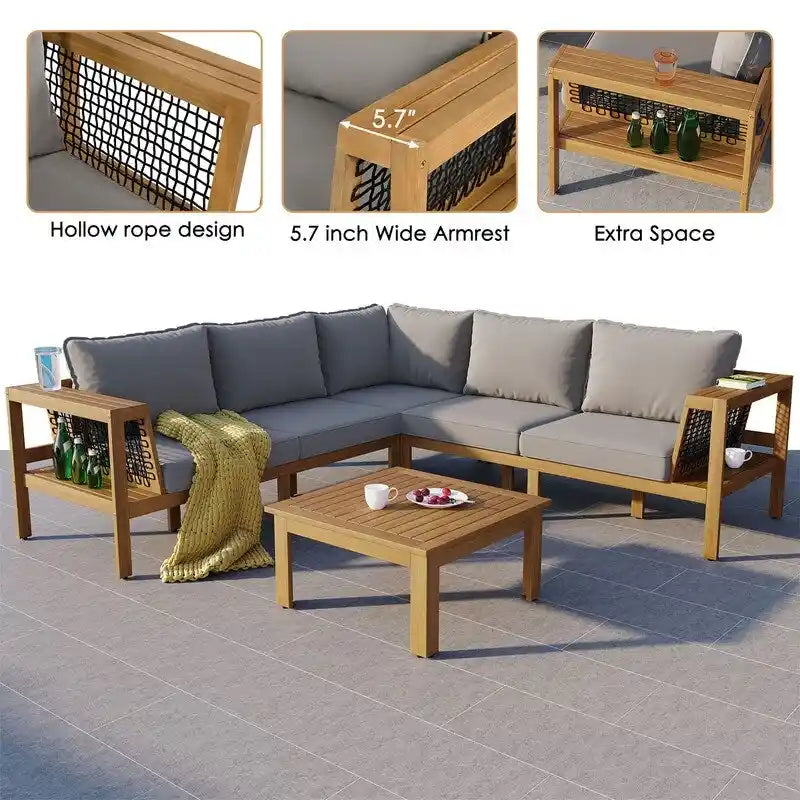 Set da esterni a L in 4 pezzi con tavolo da caffè, divano sezionale da esterno in legno di acacia con tavolino laterale e cuscini