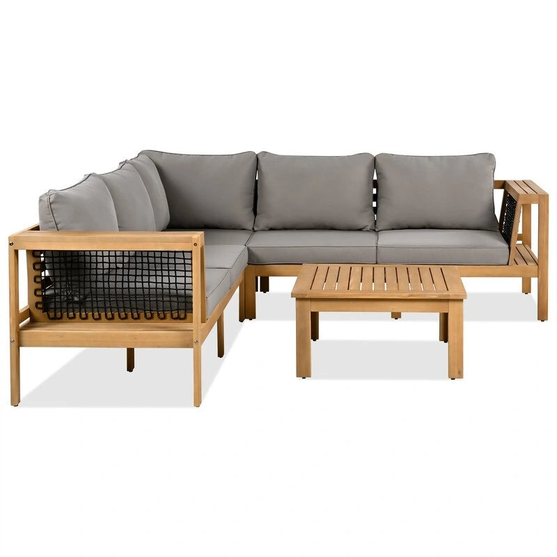 Set da esterni a L in 4 pezzi con tavolo da caffè, divano sezionale da esterno in legno di acacia con tavolino laterale e cuscini
