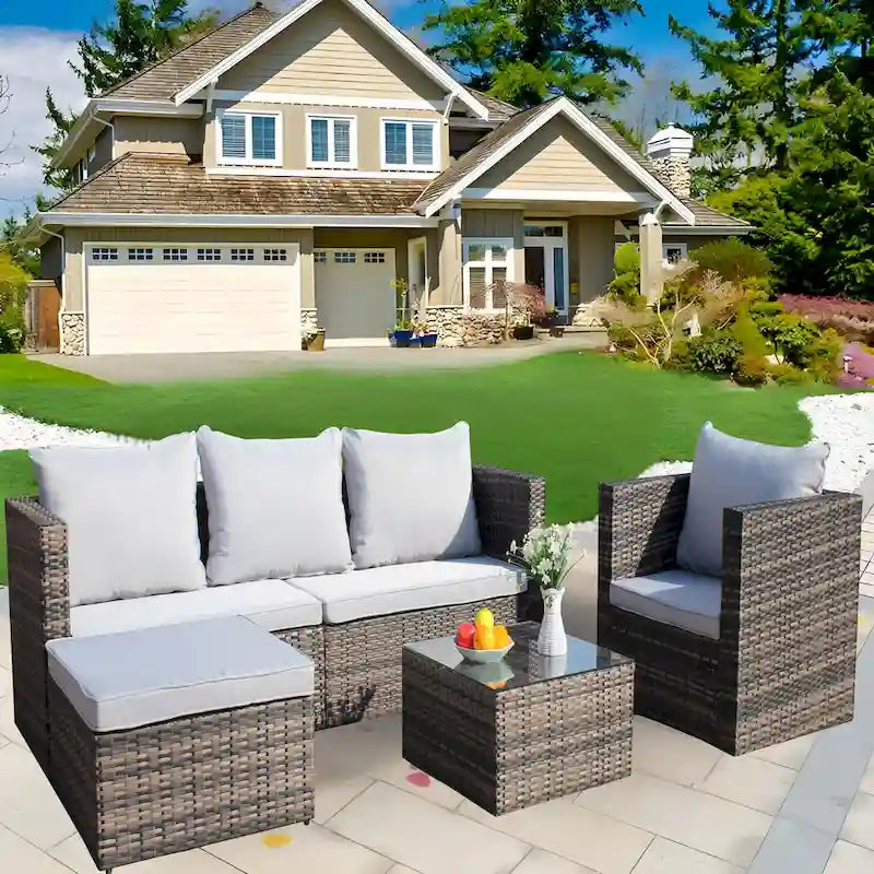 Outdoor 4-Piece PE Rattan Wicker Cushioned Sofa Set and Coffee Table