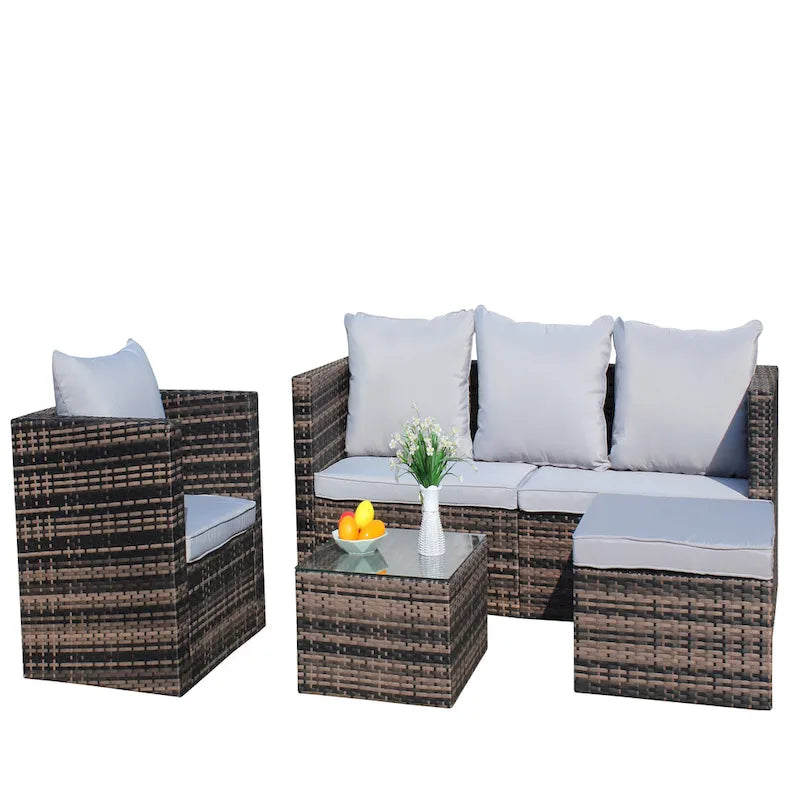 Set divano e tavolino da caffè da esterno in vimini di rattan PE a 4 pezzi con cuscini