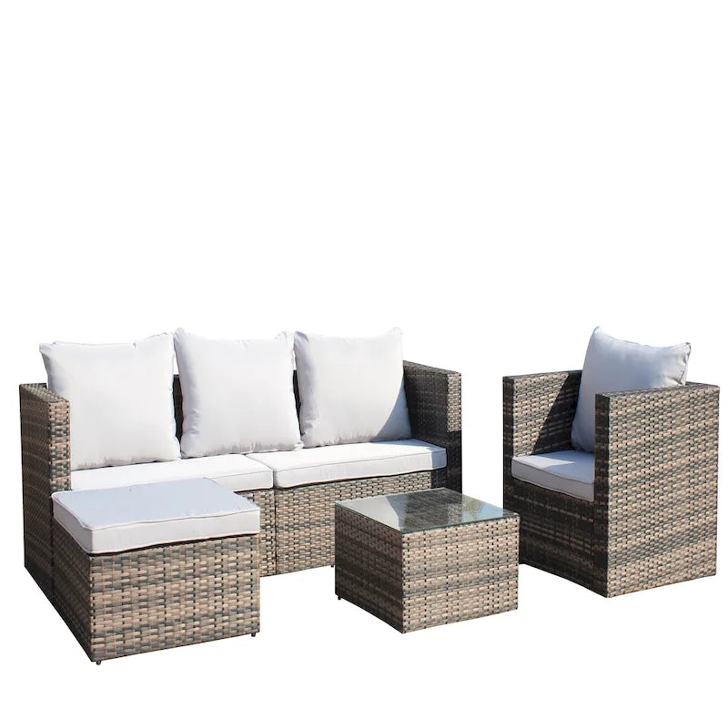 Set divano e tavolino da caffè da esterno in vimini di rattan PE a 4 pezzi con cuscini