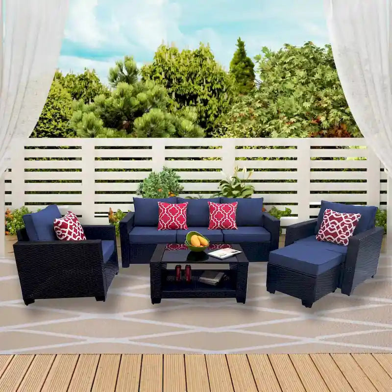 Set divano imbottito in vimini e rattan PE da 7 pezzi