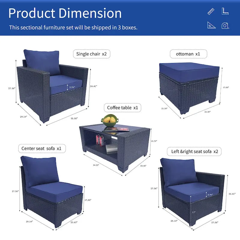 Set divano imbottito in vimini e rattan PE da 7 pezzi