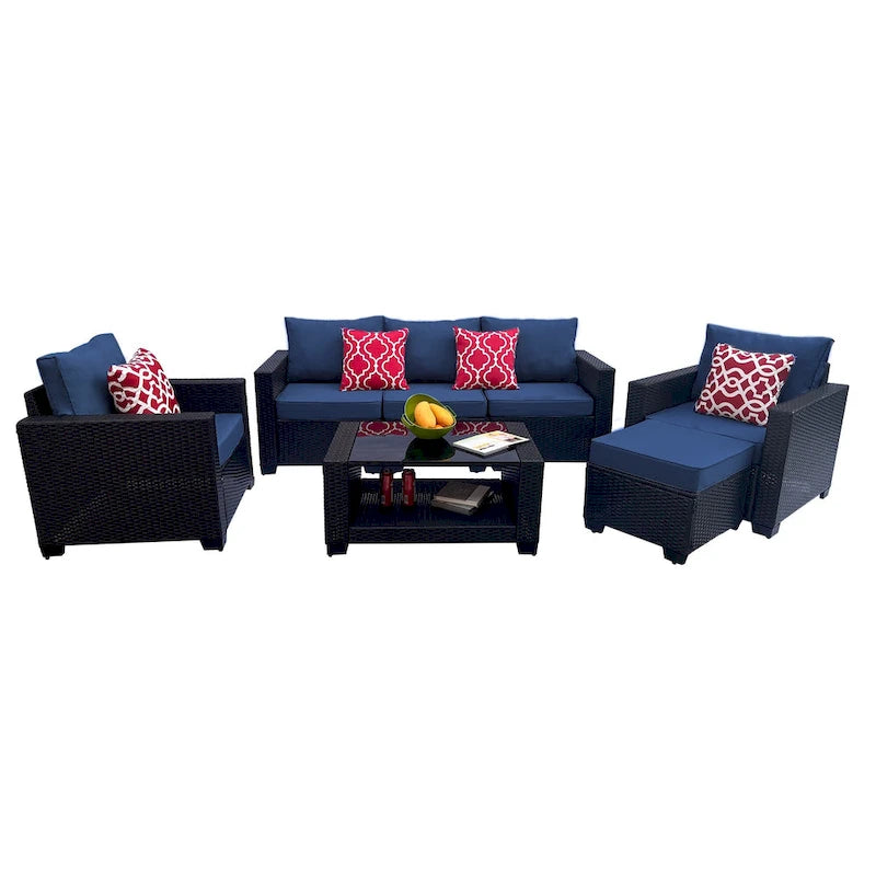 Set divano imbottito in vimini e rattan PE da 7 pezzi