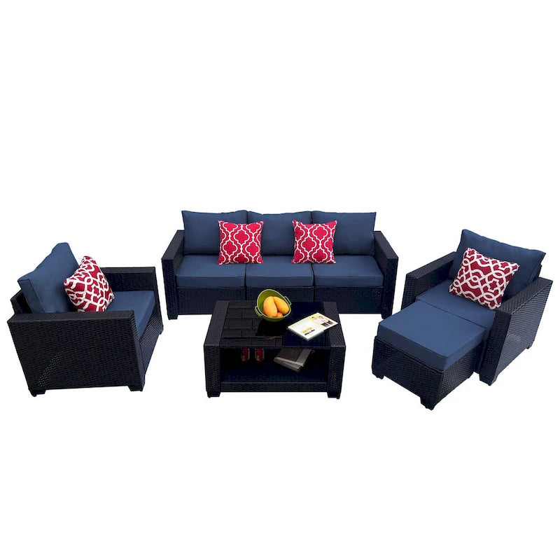 Set divano imbottito in vimini e rattan PE da 7 pezzi