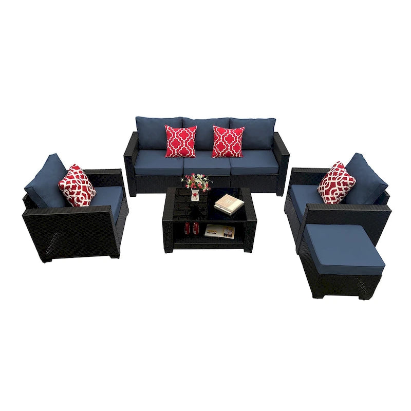 Set divano imbottito in vimini e rattan PE da 7 pezzi