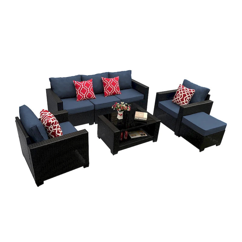 Set divano imbottito in vimini e rattan PE da 7 pezzi