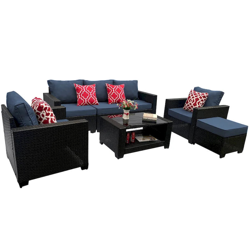 Set divano imbottito in vimini e rattan PE da 7 pezzi