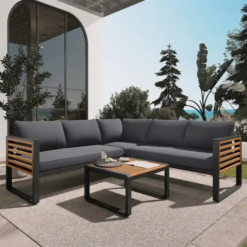Set da 4 Pezzi di Mobili da Giardino con Tavolino da Caffè, Set Divano Sezionale a L da Esterno con Struttura in Metallo e Legno con Cuscini per Giardino