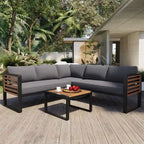 Set da 4 Pezzi di Mobili da Giardino con Tavolino da Caffè, Set Divano Sezionale a L da Esterno con Struttura in Metallo e Legno con Cuscini per Giardino