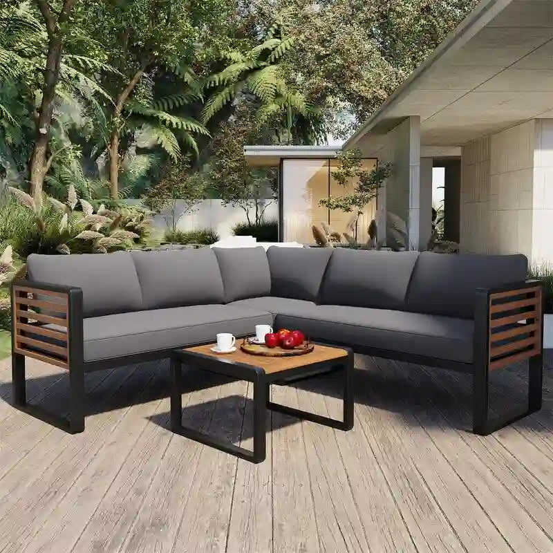 Set da 4 Pezzi di Mobili da Giardino con Tavolino da Caffè, Set Divano Sezionale a L da Esterno con Struttura in Metallo e Legno con Cuscini per Giardino