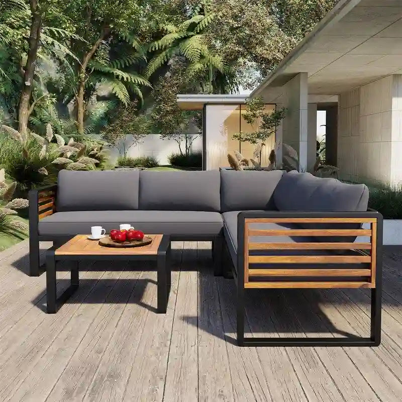 Set da 4 Pezzi di Mobili da Giardino con Tavolino da Caffè, Set Divano Sezionale a L da Esterno con Struttura in Metallo e Legno con Cuscini per Giardino
