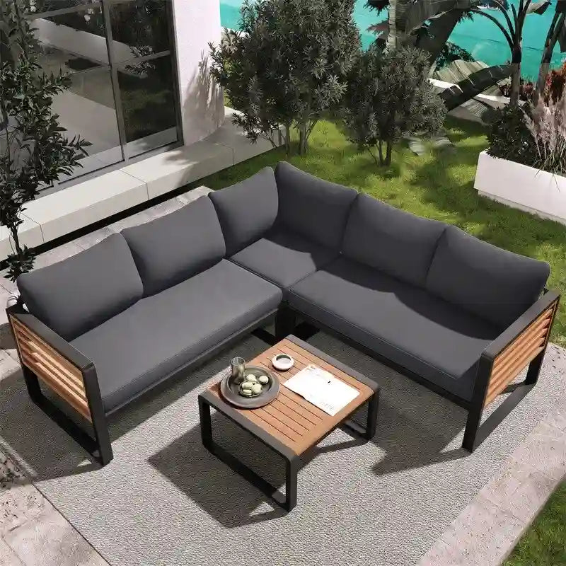 Set da 4 Pezzi di Mobili da Giardino con Tavolino da Caffè, Set Divano Sezionale a L da Esterno con Struttura in Metallo e Legno con Cuscini per Giardino