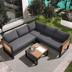 Set da 4 Pezzi di Mobili da Giardino con Tavolino da Caffè, Set Divano Sezionale a L da Esterno con Struttura in Metallo e Legno con Cuscini per Giardino