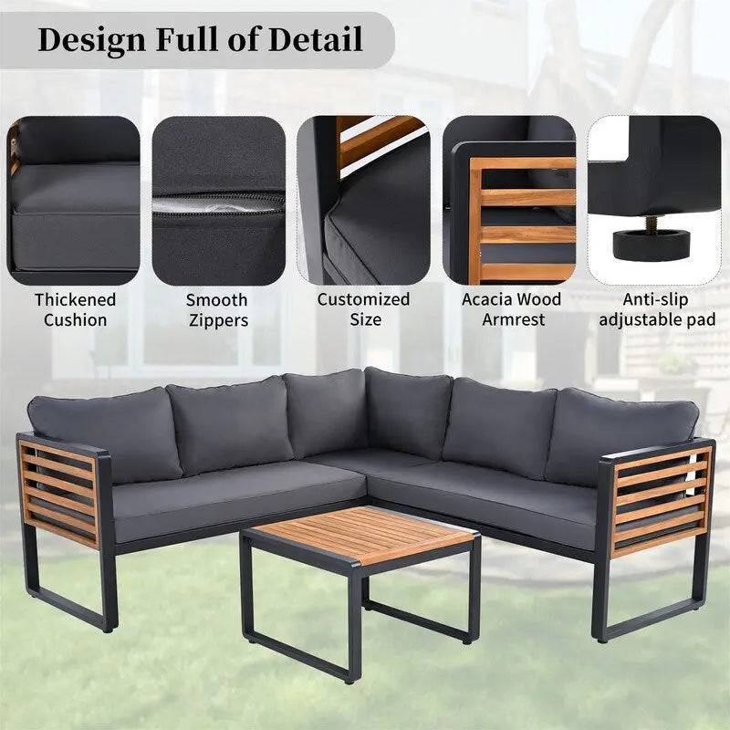Set da 4 Pezzi di Mobili da Giardino con Tavolino da Caffè, Set Divano Sezionale a L da Esterno con Struttura in Metallo e Legno con Cuscini per Giardino