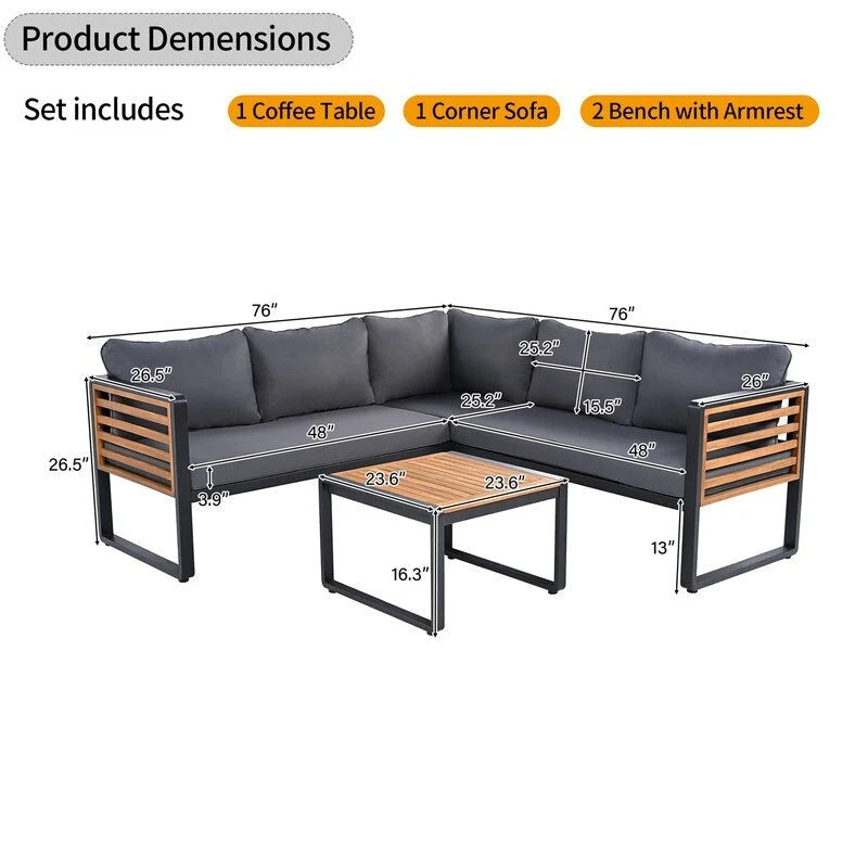 Set da 4 Pezzi di Mobili da Giardino con Tavolino da Caffè, Set Divano Sezionale a L da Esterno con Struttura in Metallo e Legno con Cuscini per Giardino