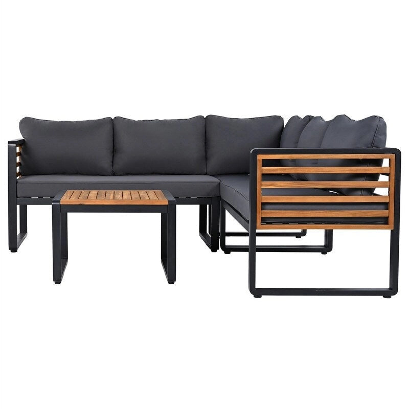 Set da 4 Pezzi di Mobili da Giardino con Tavolino da Caffè, Set Divano Sezionale a L da Esterno con Struttura in Metallo e Legno con Cuscini per Giardino