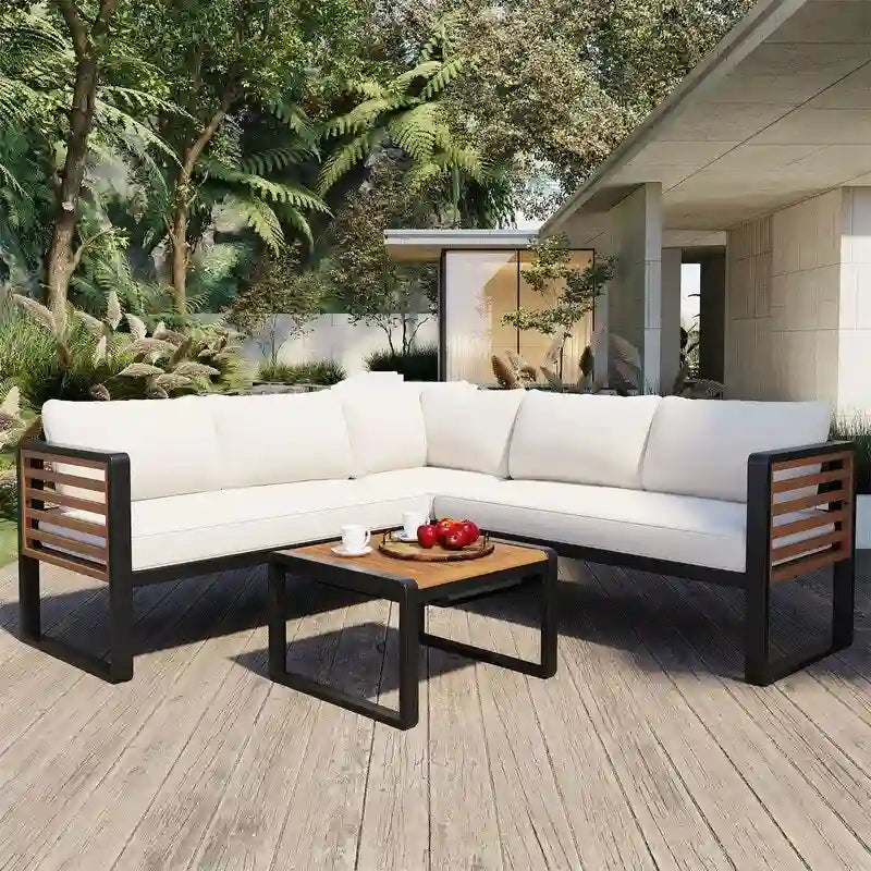 Set da 4 Pezzi di Mobili da Giardino con Tavolino da Caffè, Set Divano Sezionale a L da Esterno con Struttura in Metallo e Legno con Cuscini per Giardino