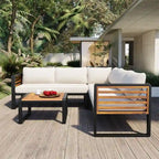 Set da 4 Pezzi di Mobili da Giardino con Tavolino da Caffè, Set Divano Sezionale a L da Esterno con Struttura in Metallo e Legno con Cuscini per Giardino