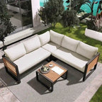 Set da 4 Pezzi di Mobili da Giardino con Tavolino da Caffè, Set Divano Sezionale a L da Esterno con Struttura in Metallo e Legno con Cuscini per Giardino