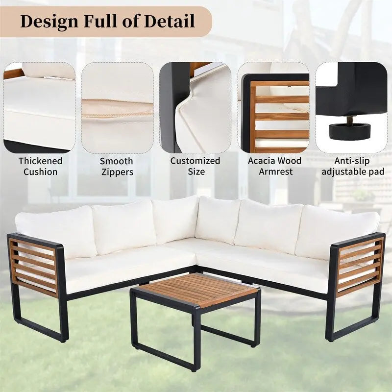 Set da 4 Pezzi di Mobili da Giardino con Tavolino da Caffè, Set Divano Sezionale a L da Esterno con Struttura in Metallo e Legno con Cuscini per Giardino