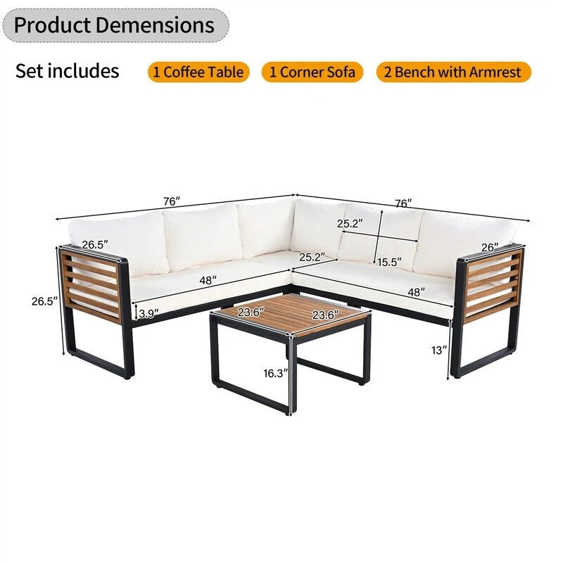 Set da 4 Pezzi di Mobili da Giardino con Tavolino da Caffè, Set Divano Sezionale a L da Esterno con Struttura in Metallo e Legno con Cuscini per Giardino