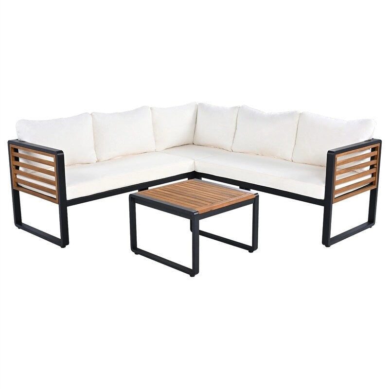 Set da 4 Pezzi di Mobili da Giardino con Tavolino da Caffè, Set Divano Sezionale a L da Esterno con Struttura in Metallo e Legno con Cuscini per Giardino