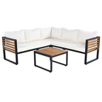 Set da 4 Pezzi di Mobili da Giardino con Tavolino da Caffè, Set Divano Sezionale a L da Esterno con Struttura in Metallo e Legno con Cuscini per Giardino