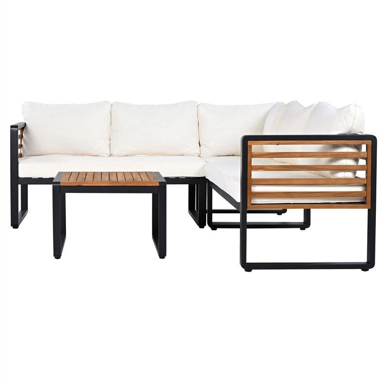 Set da 4 Pezzi di Mobili da Giardino con Tavolino da Caffè, Set Divano Sezionale a L da Esterno con Struttura in Metallo e Legno con Cuscini per Giardino