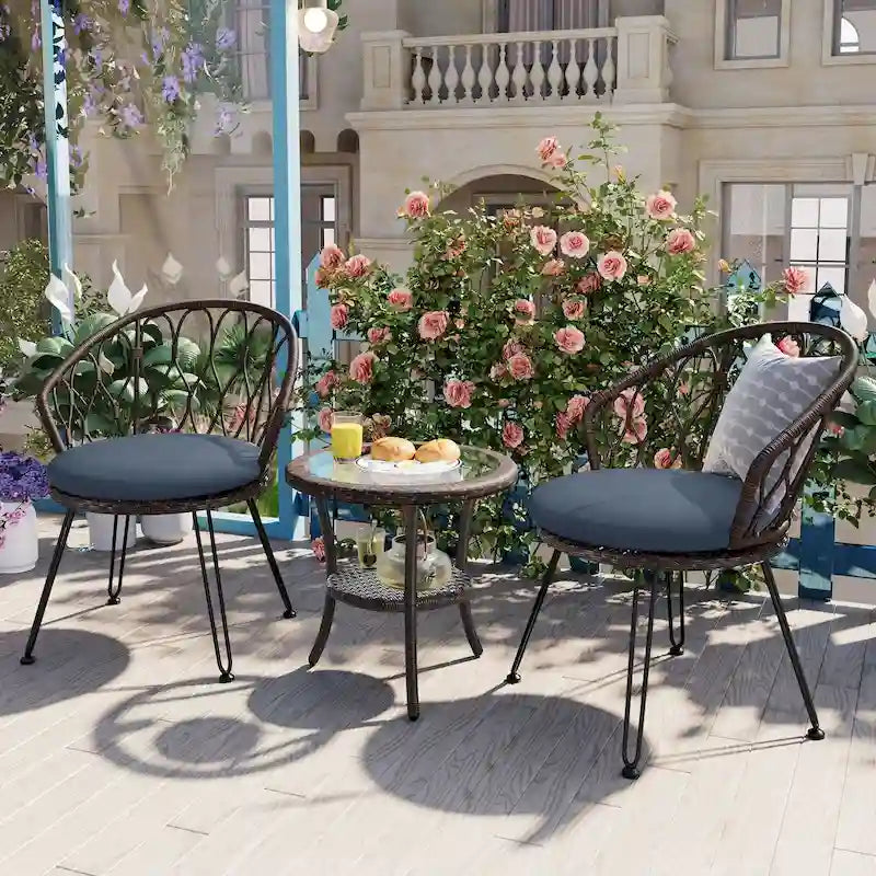 Set da esterni per il tempo libero, 2 sedie singole in rattan con tavolino rotondo in vetro, perfetto per patii, balconi e cortili