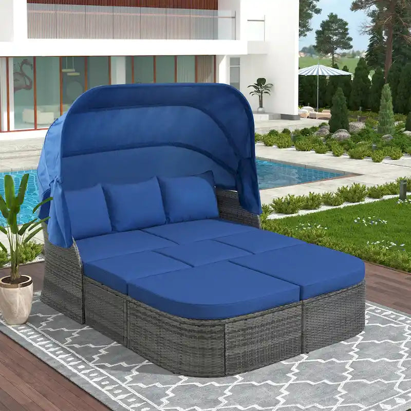 Letto da giorno modulare, lettino prendisole con baldacchino, set da conversazione in vimini per patio