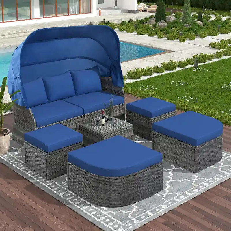 Letto da giorno modulare, lettino prendisole con baldacchino, set da conversazione in vimini per patio