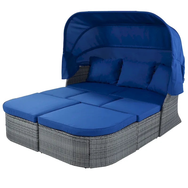 Letto da giorno modulare, lettino prendisole con baldacchino, set da conversazione in vimini per patio