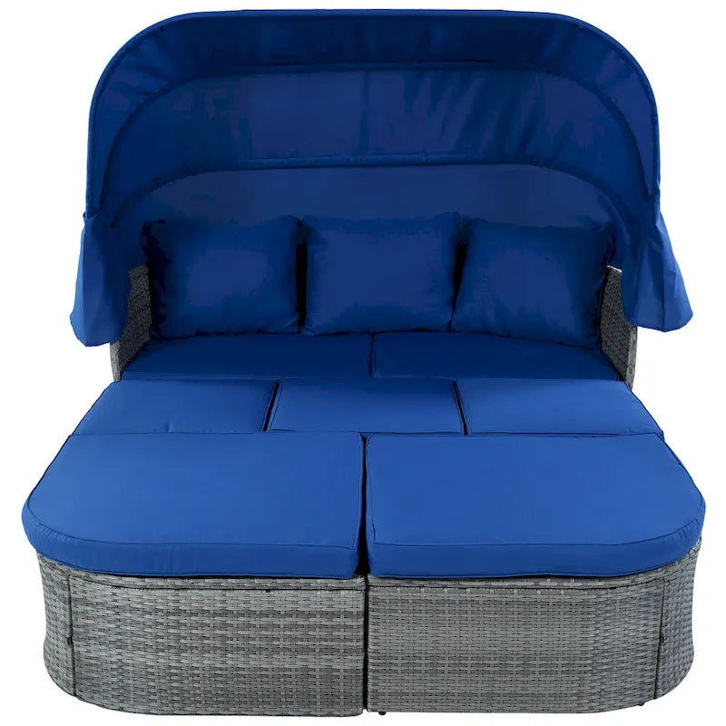 Letto da giorno modulare, lettino prendisole con baldacchino, set da conversazione in vimini per patio
