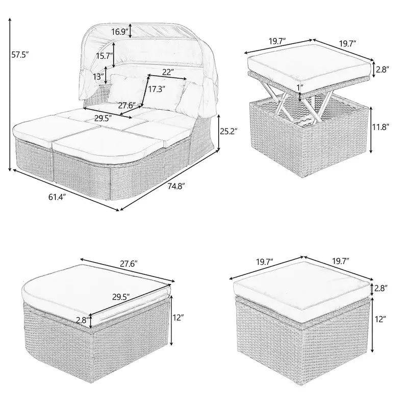 Letto da giorno modulare, lettino prendisole con baldacchino, set da conversazione in vimini per patio