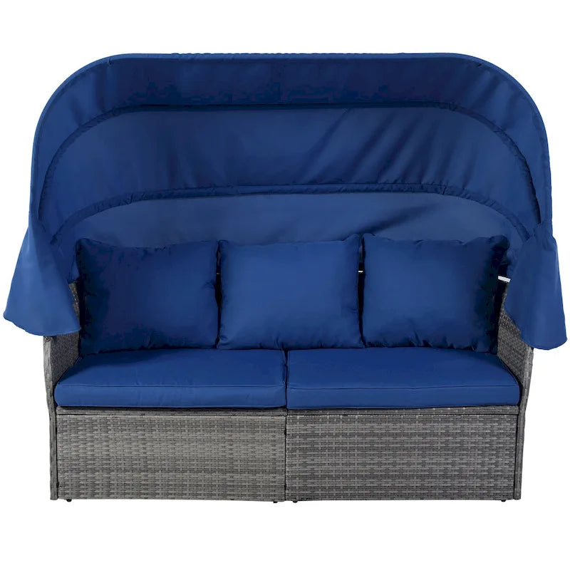 Letto da giorno modulare, lettino prendisole con baldacchino, set da conversazione in vimini per patio