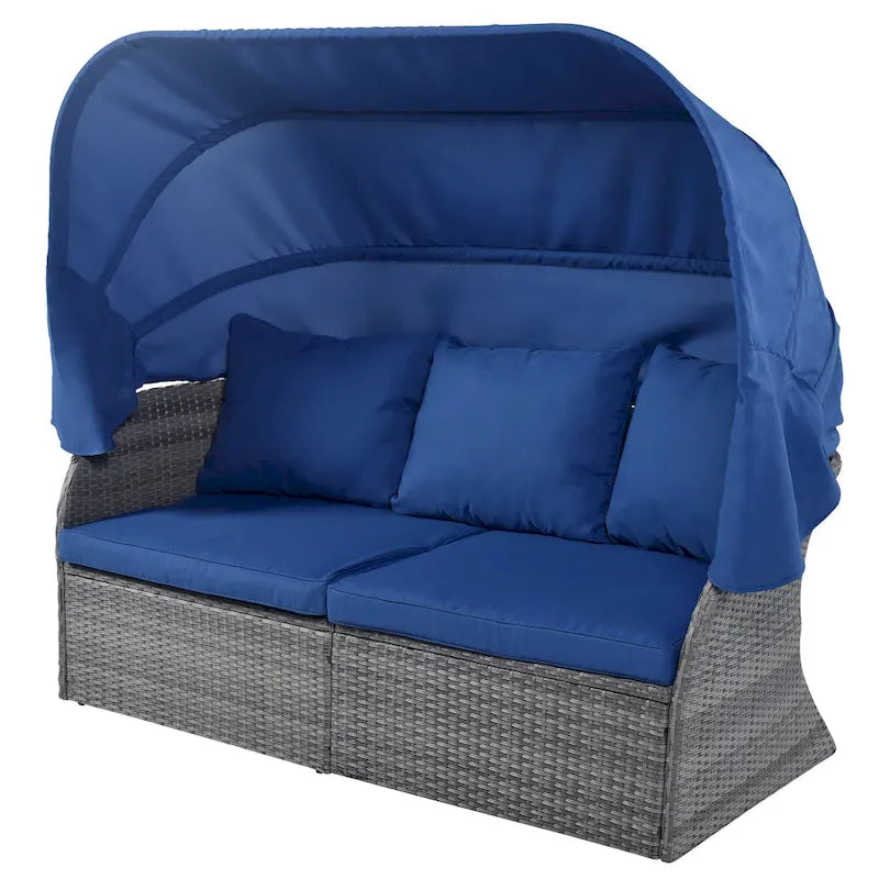 Letto da giorno modulare, lettino prendisole con baldacchino, set da conversazione in vimini per patio