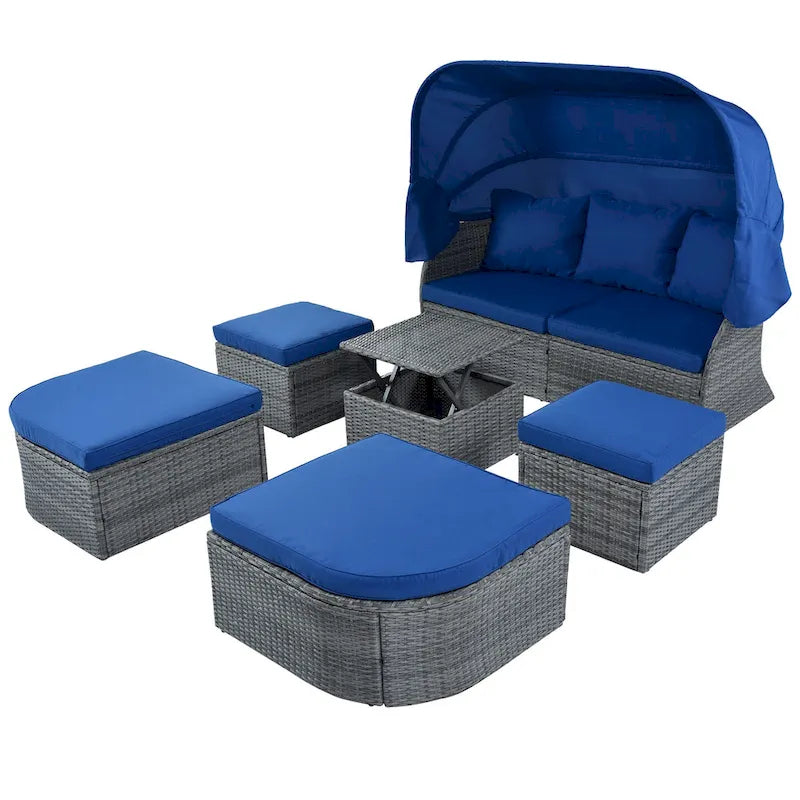 Letto da giorno modulare, lettino prendisole con baldacchino, set da conversazione in vimini per patio