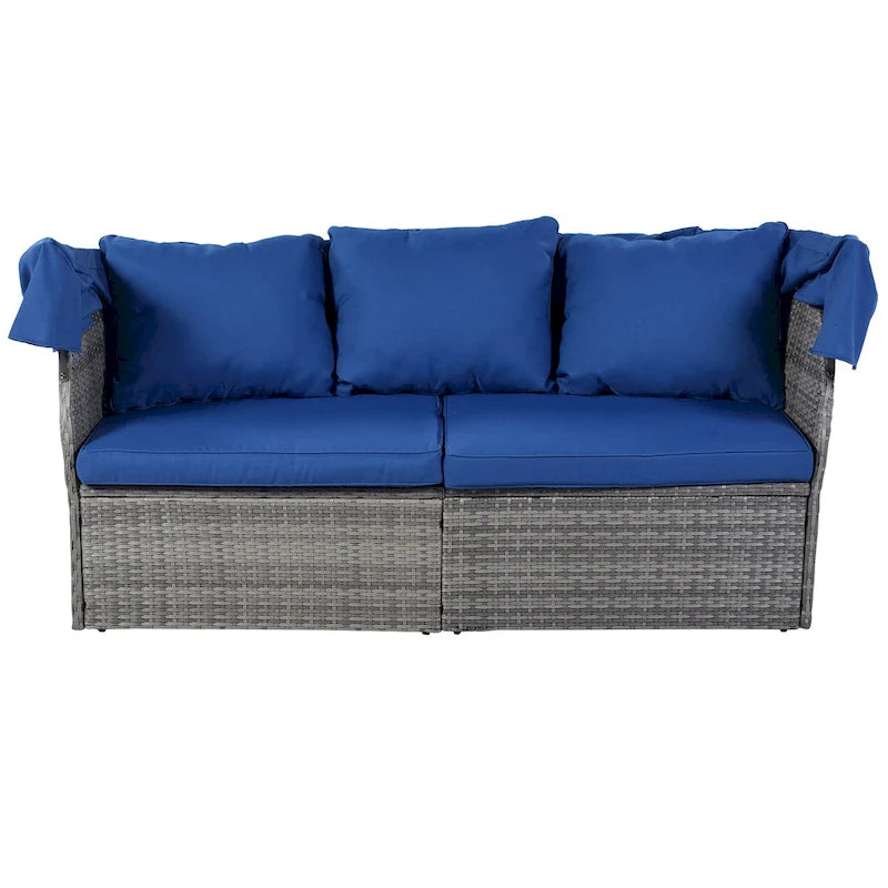 Letto da giorno modulare, lettino prendisole con baldacchino, set da conversazione in vimini per patio