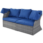 Letto da giorno modulare, lettino prendisole con baldacchino, set da conversazione in vimini per patio