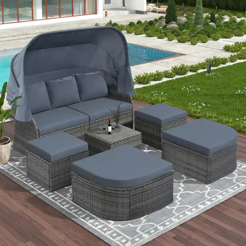 Letto da giorno modulare, lettino prendisole con baldacchino, set da conversazione in vimini per patio