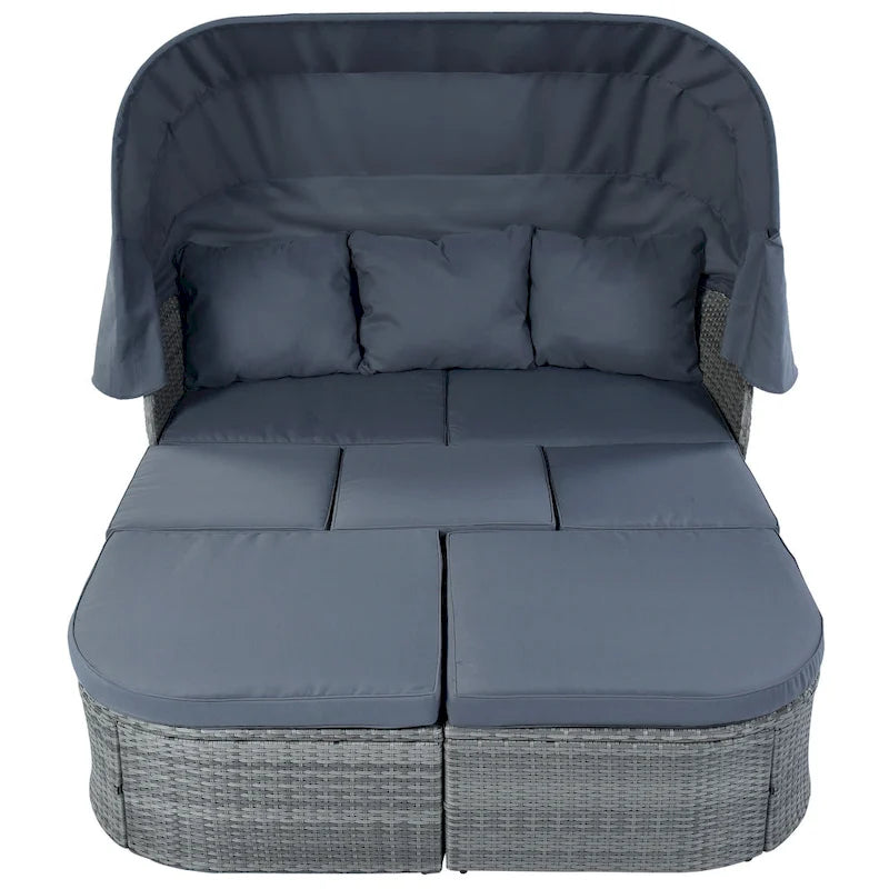 Letto da giorno modulare, lettino prendisole con baldacchino, set da conversazione in vimini per patio